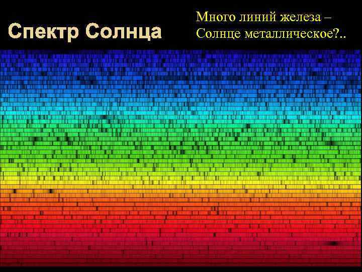 Спектр Солнца Много линий железа – Солнце металлическое? . . 