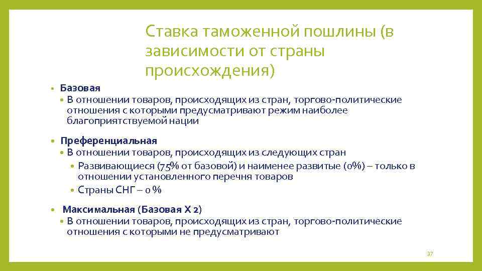 Ставка таможенной пошлины (в зависимости от страны происхождения) • Базовая • В отношении товаров,