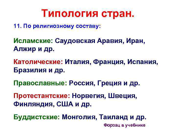 Типология стран. 11. По религиозному составу: Исламские: Саудовская Аравия, Иран, Алжир и др. Католические: