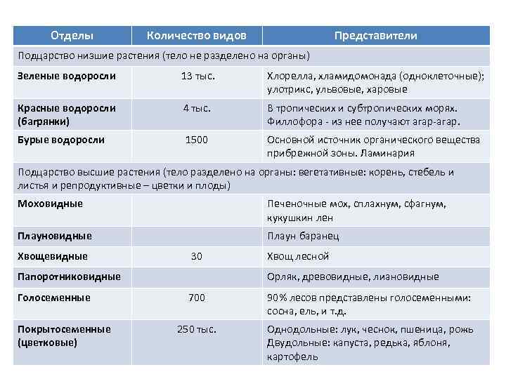 Отделы Количество видов Представители Подцарство низшие растения (тело не разделено на органы) Зеленые водоросли