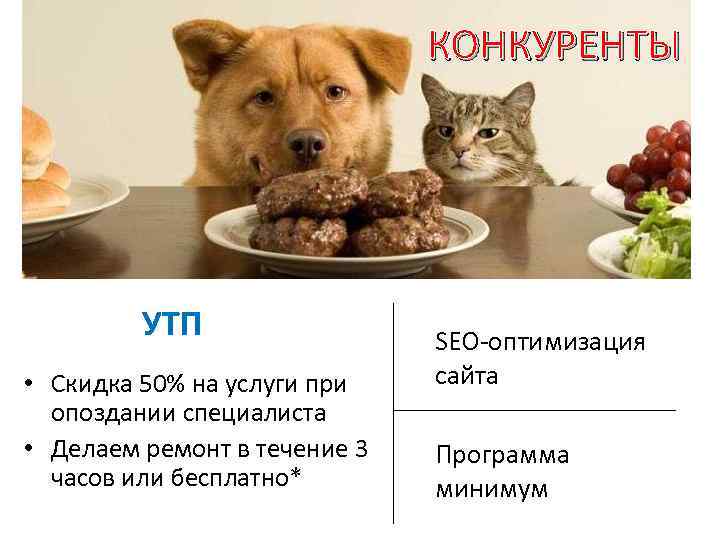 КОНКУРЕНТЫ УТП • Скидка 50% на услуги при опоздании специалиста • Делаем ремонт в