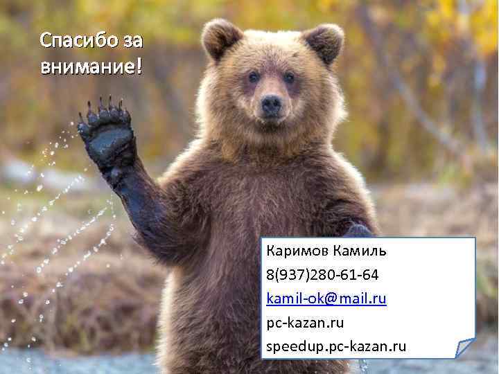 Спасибо за внимание! Каримов Камиль 8(937)280 -61 -64 kamil-ok@mail. ru pc-kazan. ru speedup. pc-kazan.