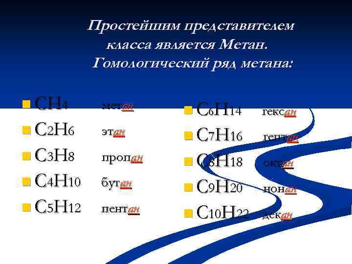 Простейшим представителем класса является Метан. Гомологический ряд метана: n СН 4 метан n С
