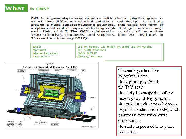 The main goals of the experiment are: -to explore physics at the Te. V