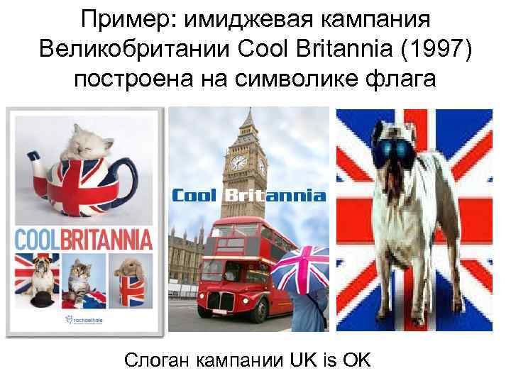 Пример: имиджевая кампания Великобритании Сool Britannia (1997) построена на символике флага Слоган кампании UK
