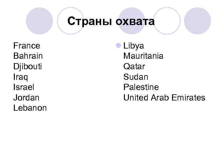 Страны охвата France Bahrain Djibouti Iraq Israel Jordan Lebanon l Libya Mauritania Qatar Sudan