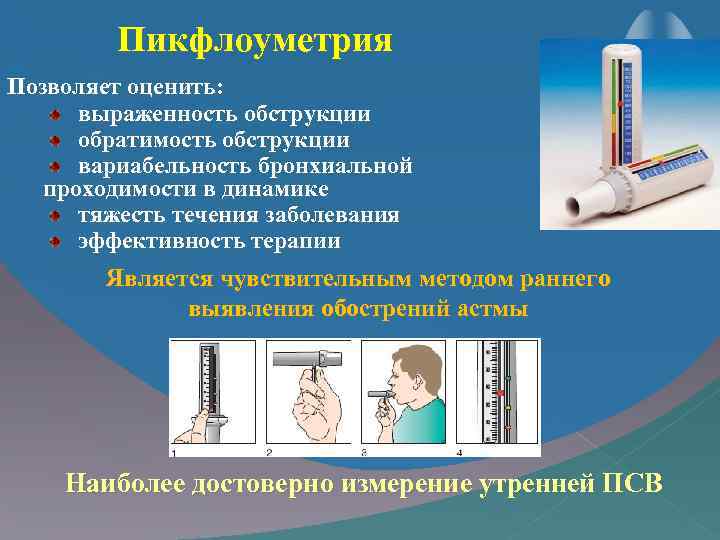 Пикфлоуметрия Позволяет оценить: выраженность обструкции обратимость обструкции вариабельность бронхиальной проходимости в динамике тяжесть течения