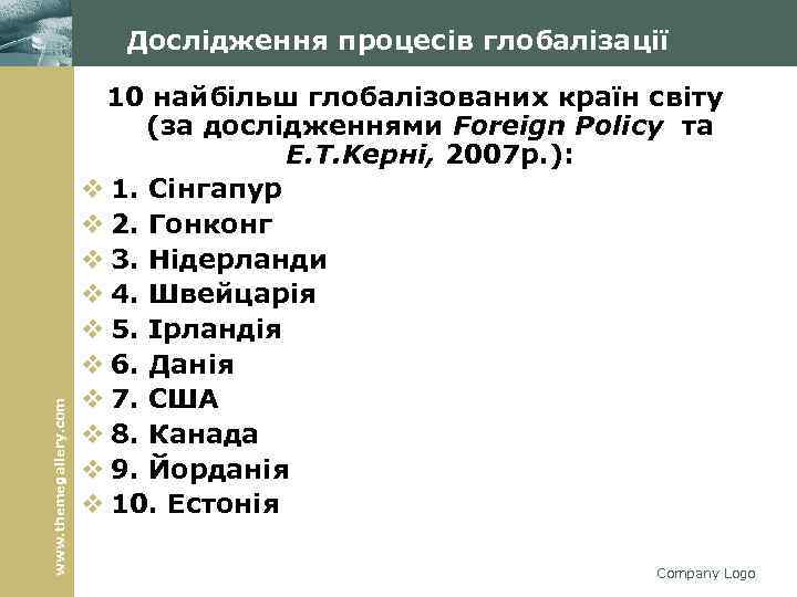 www. themegallery. com Дослідження процесів глобалізації 10 найбільш глобалізованих країн світу (за дослідженнями Foreign