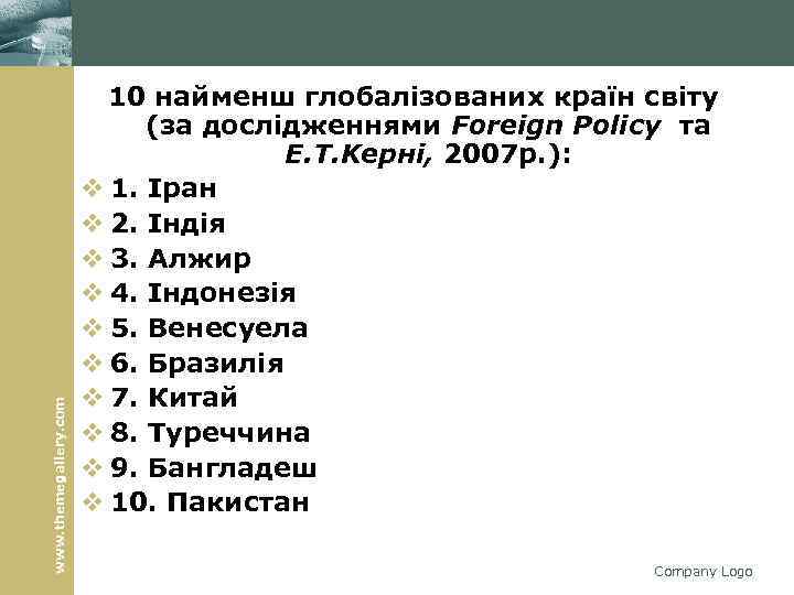 www. themegallery. com 10 найменш глобалізованих країн світу (за дослідженнями Foreign Policy та Policy
