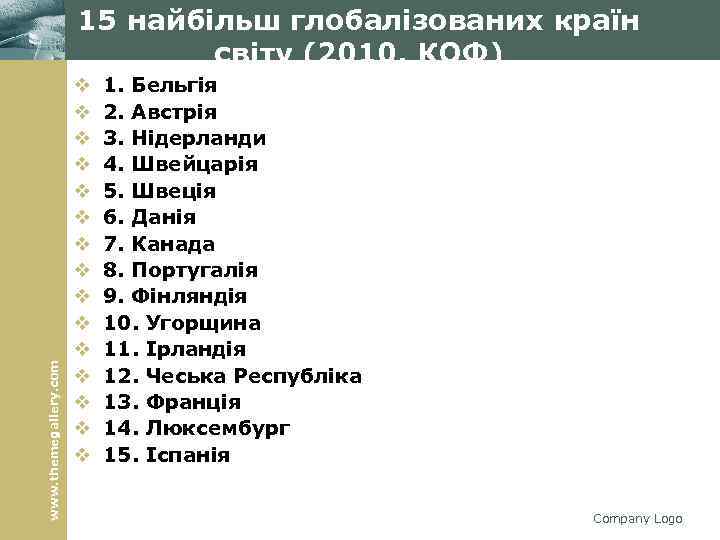 www. themegallery. com 15 найбільш глобалізованих країн світу (2010, КОФ) v v v v