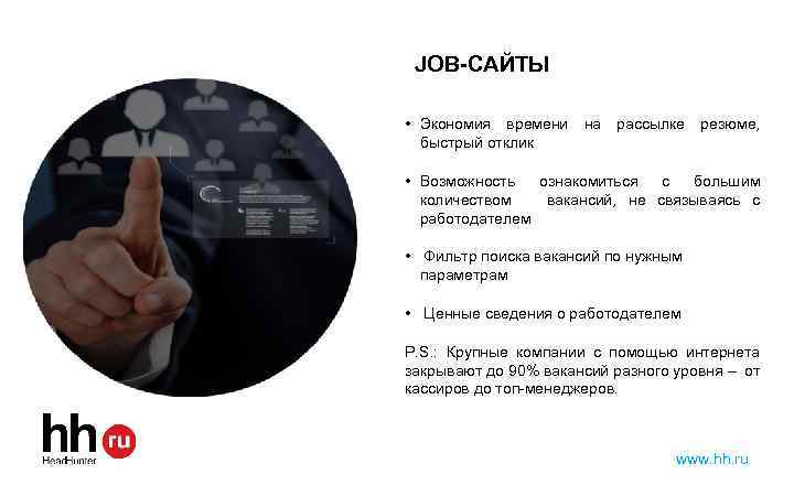 JOB-САЙТЫ • Экономия времени на рассылке резюме, быстрый отклик • Возможность ознакомиться с большим