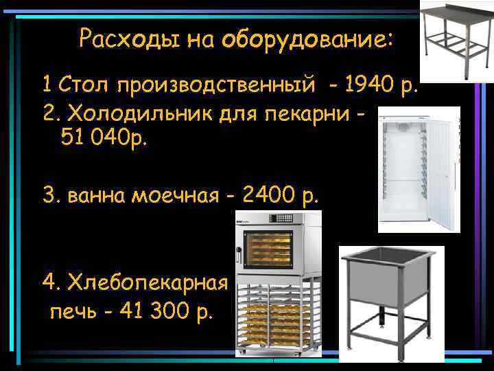 Расходы на оборудование: 1 Стол производственный - 1940 р. 2. Холодильник для пекарни 51