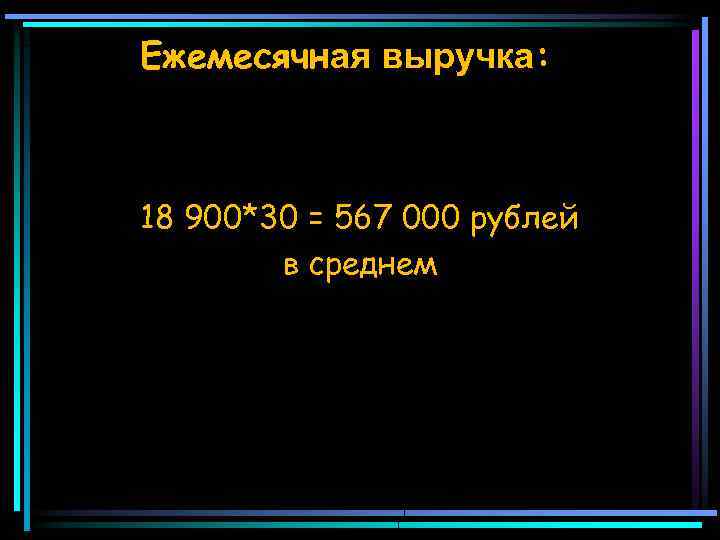 Ежемесячная выручка: 18 900*30 = 567 000 рублей в среднем 