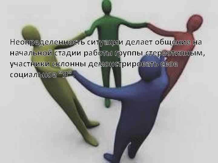 Неопределенность ситуации делает общение на начальной стадии работы группы стереотипным, участники склонны демонстрировать свое