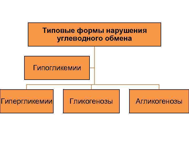 Типовые формы нарушения углеводного обмена Гипогликемии Гипергликемии Гликогенозы Агликогенозы 