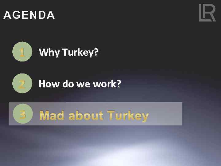 AGENDA 1 Why Turkey? 2 How do we work? 3 Mad about Turkey 