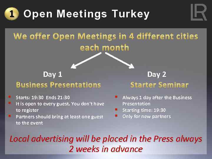 1 Open Meetings Turkey We offer Open Meetings in 4 different cities each month