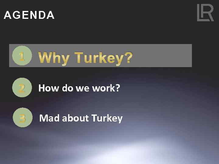 AGENDA 1 Why Turkey? 2 How do we work? 3 Mad about Turkey 
