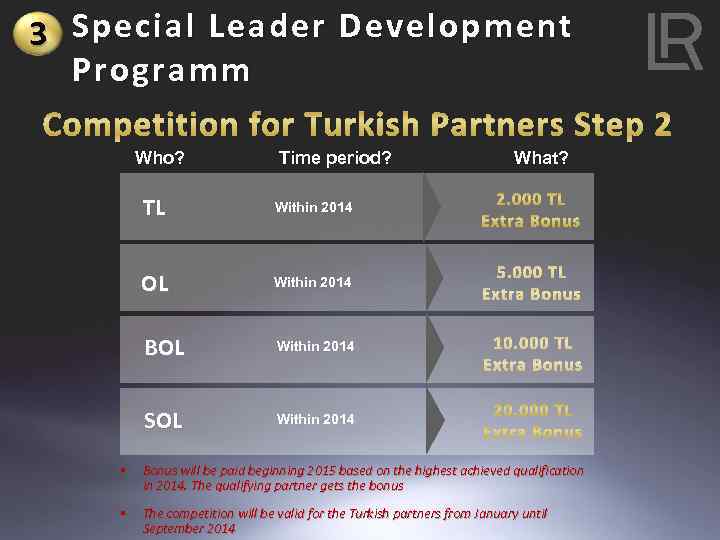 3 Special Leader Development Programm Competition for Turkish Partners Step 2 Who? Time period?