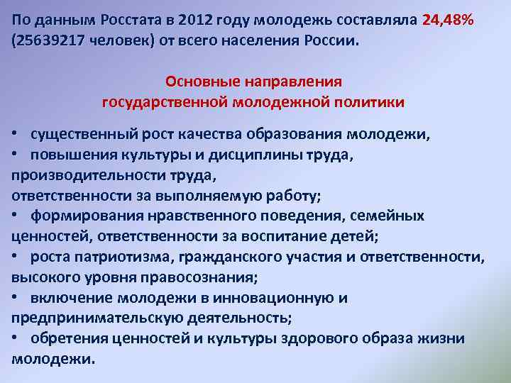 По данным Росстата в 2012 году молодежь составляла 24, 48% (25639217 человек) от всего