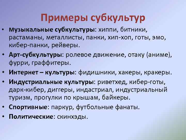 Примеры субкультур • Музыкальные субкультуры: хиппи, битники, • • • растаманы, металлисты, панки, хип-хоп,