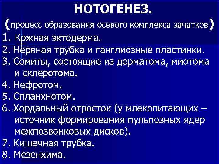 НОТОГЕНЕЗ. (процесс образования осевого комплекса зачатков) 1. Кожная эктодерма. 2. Нервная трубка и ганглиозные