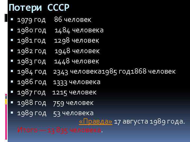 Потери СССР 1979 год 86 человек 1980 год 1484 человека 1981 год 1298 человек