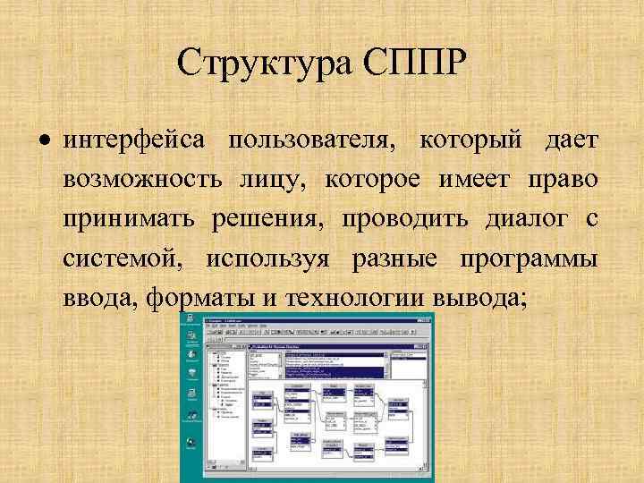 Возможности интерфейса. Система поддержки принятия решений Интерфейс. Структура СППР. Структура системы поддержки принятия решений. Состав СППР.