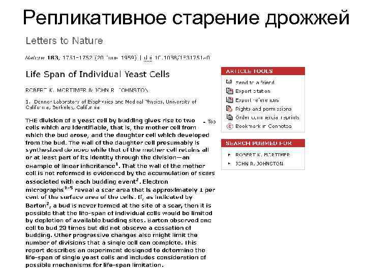 Репликативное старение дрожжей 