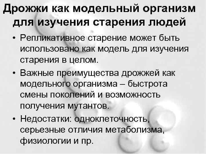 Дрожжи как модельный организм для изучения старения людей • Репликативное старение может быть использовано