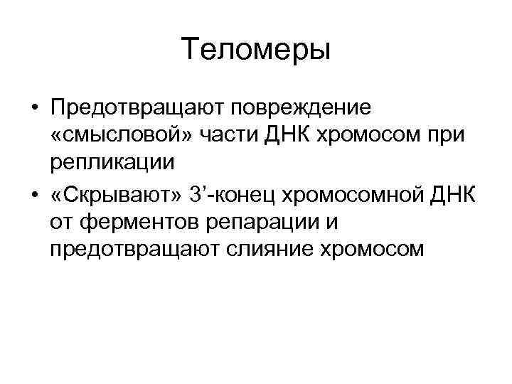 Теломеры • Предотвращают повреждение «смысловой» части ДНК хромосом при репликации • «Скрывают» 3’-конец хромосомной
