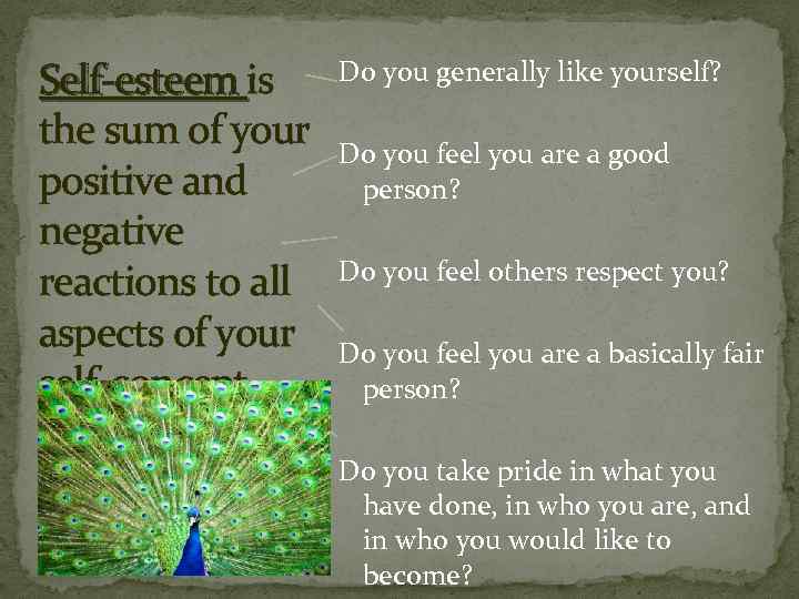 Self-esteem is the sum of your positive and negative reactions to all aspects of