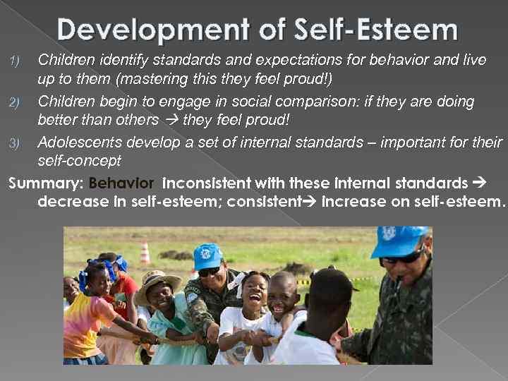 Development of Self-Esteem Children identify standards and expectations for behavior and live up to