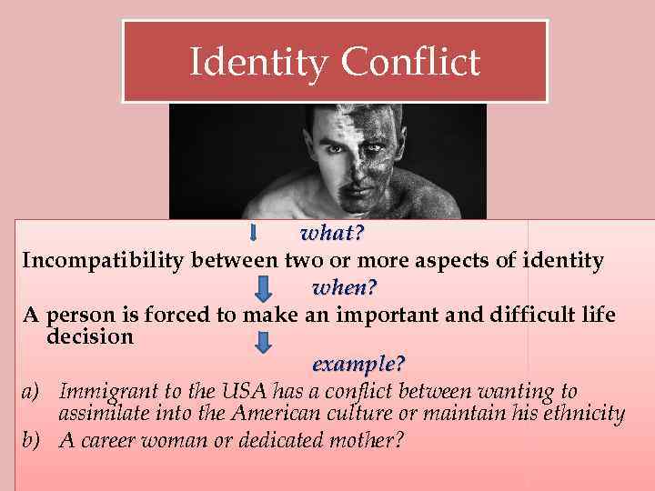 Identity Conflict what? Incompatibility between two or more aspects of identity when? A person