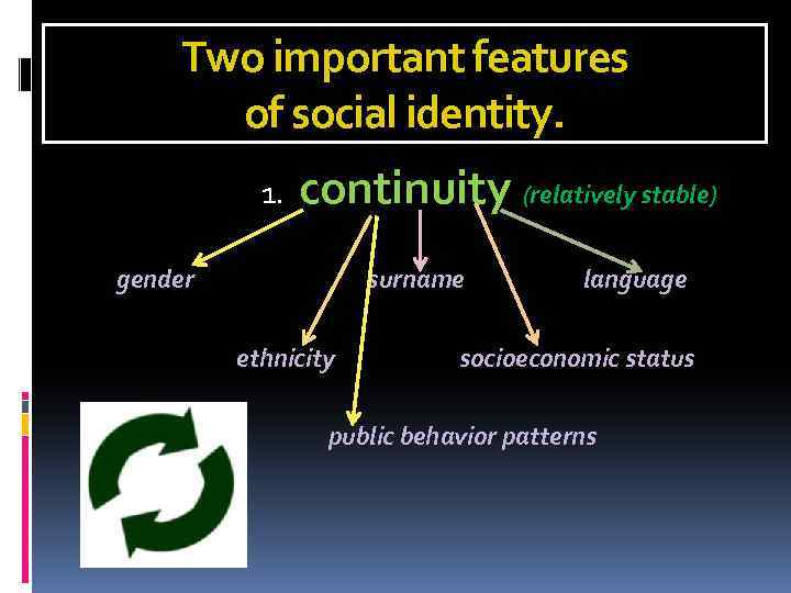 Two important features of social identity. 1. continuity (relatively stable) gender surname ethnicity language