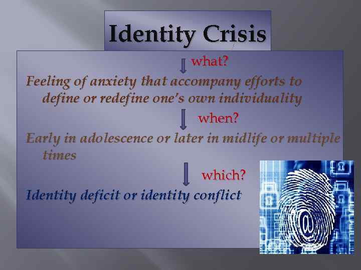 Identity Crisis what? Feeling of anxiety that accompany efforts to define or redefine one’s