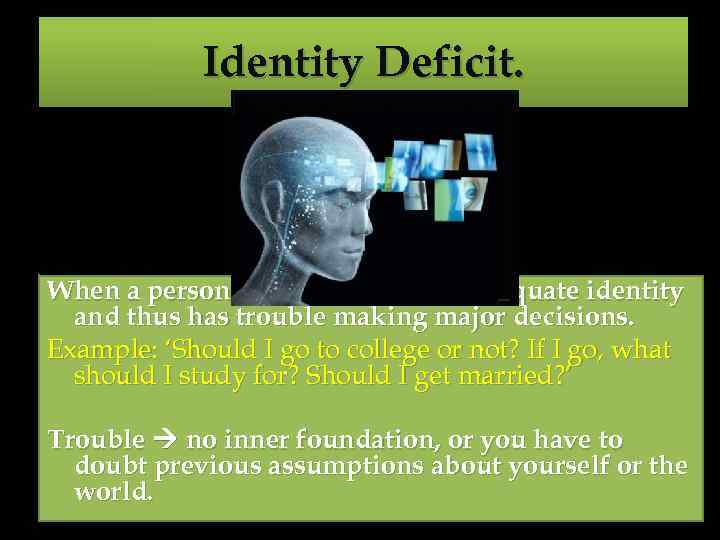 Identity Deficit. When a person has not formed an adequate identity and thus has