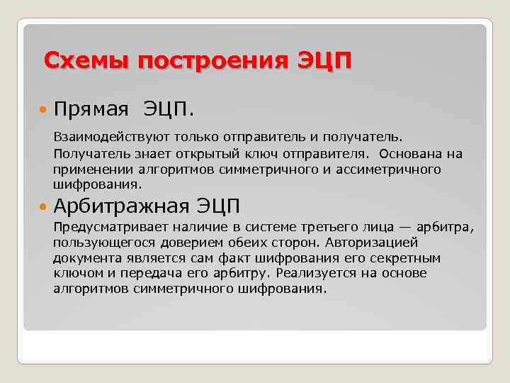 Схемы построения ЭЦП Прямая ЭЦП. Взаимодействуют только отправитель и получатель. Получатель знает открытый ключ