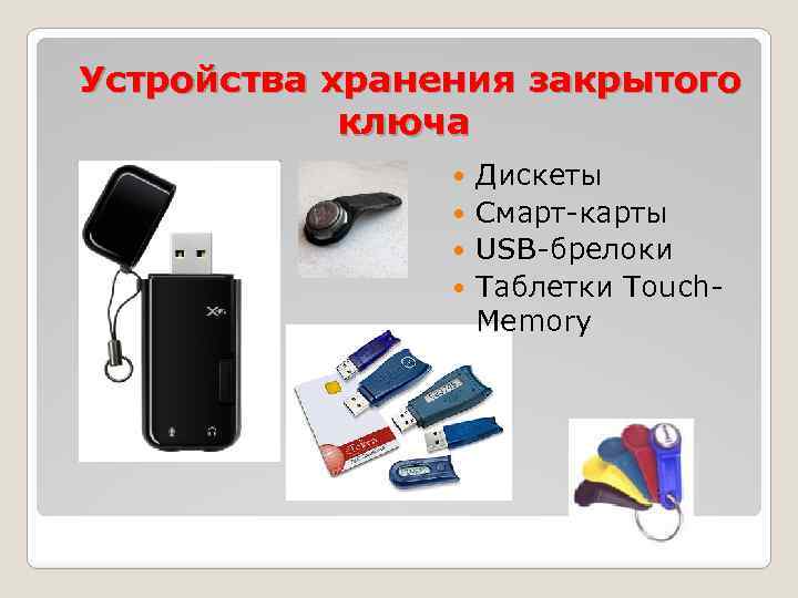  Устройства хранения закрытого ключа Дискеты Смарт-карты USB-брелоки Таблетки Touch. Memory 