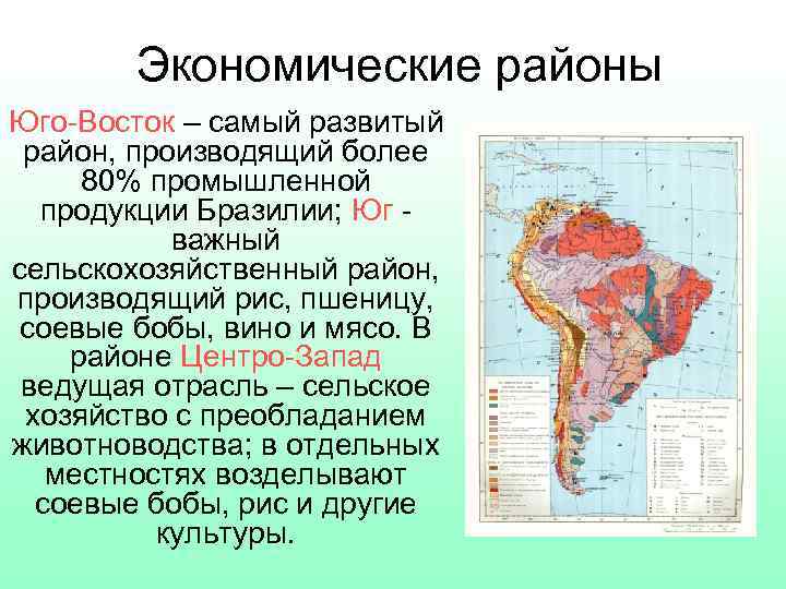 Экономические районы Юго-Восток – самый развитый район, производящий более 80% промышленной продукции Бразилии; Юг