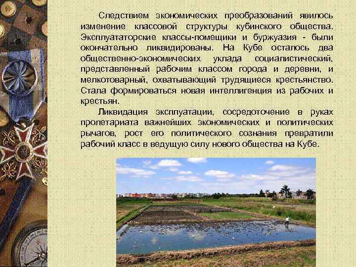 Следствием экономических преобразований явилось изменение классовой структуры кубинского общества. Эксплуататорские классы-помещики и буржуазия -