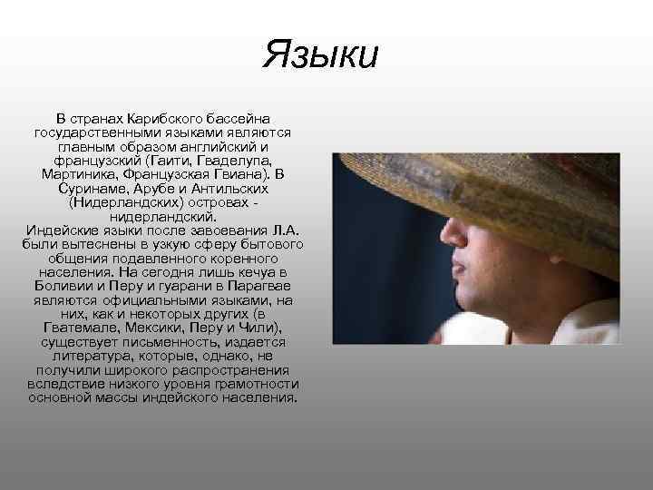 Языки В странах Карибского бассейна государственными языками являются главным образом английский и французский (Гаити,