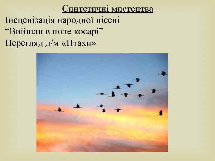 Синтетичні мистецтва Інсценізація народної пісені “Вийшли в поле косарі” Перегляд д/м «Птахи» 