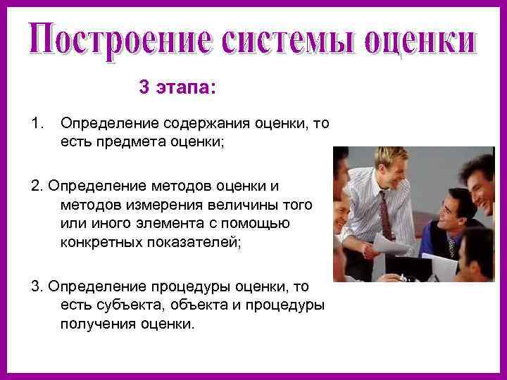 3 этапа: 1. Определение содержания оценки, то есть предмета оценки; 2. Определение методов оценки