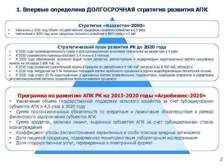 1. Впервые определена ДОЛГОСРОЧНАЯ стратегия развития АПК Стратегия «Казахстан-2050» • • Увеличить к 2020
