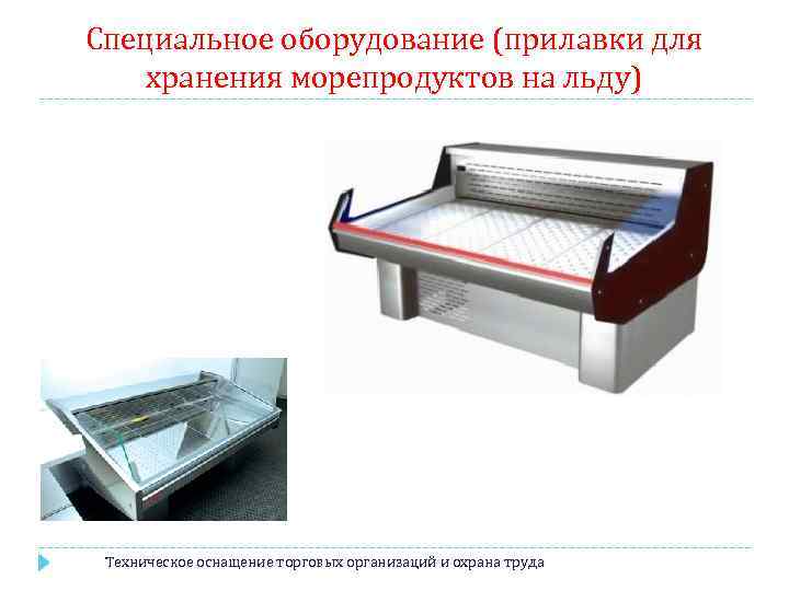 Специальное оборудование (прилавки для хранения морепродуктов на льду) Техническое оснащение торговых организаций и охрана