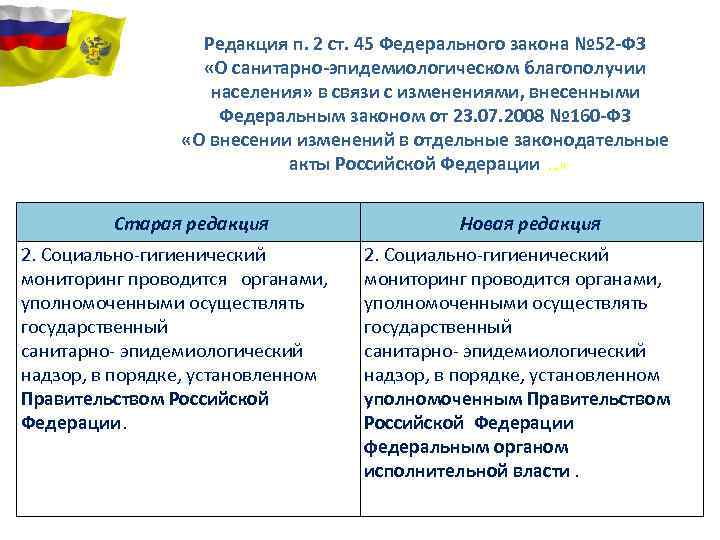 Редакция п. 2 ст. 45 Федерального закона № 52 -ФЗ «О санитарно-эпидемиологическом благополучии населения»