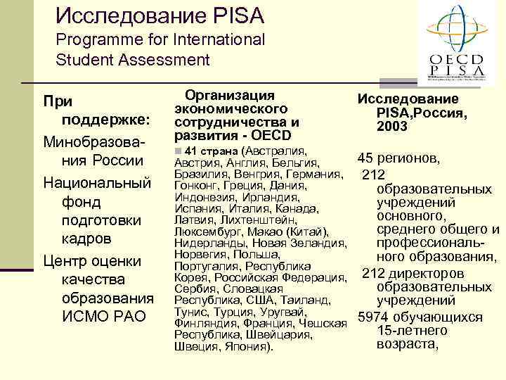 Исследование PISA Programme for International Student Assessment При поддержке: Минобразования России Национальный фонд подготовки