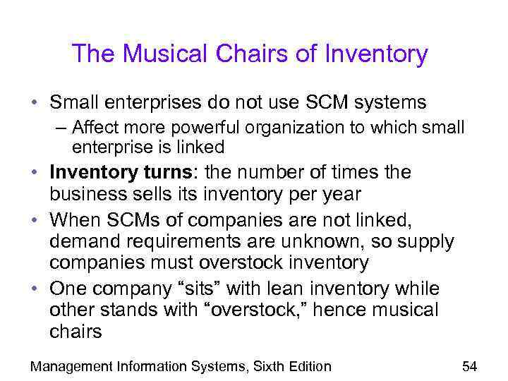 The Musical Chairs of Inventory • Small enterprises do not use SCM systems –