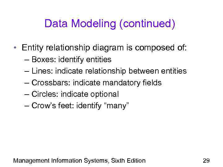 Data Modeling (continued) • Entity relationship diagram is composed of: – Boxes: identify entities